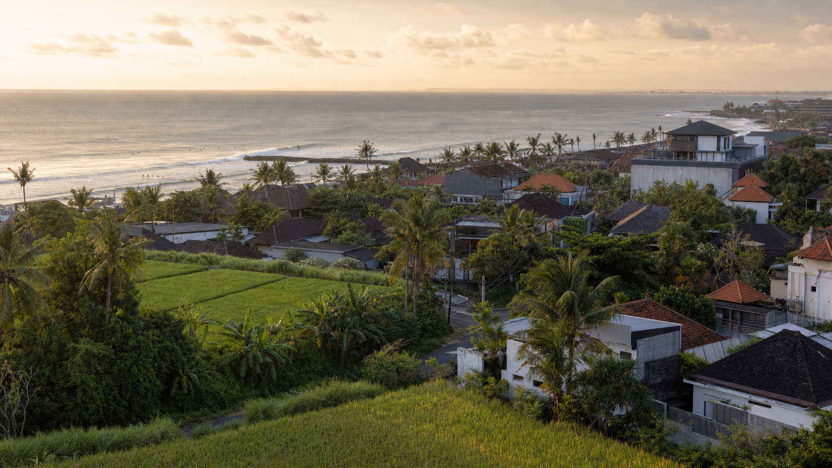 Illustrative coastal and rice-field landscape for the Canggu area guide