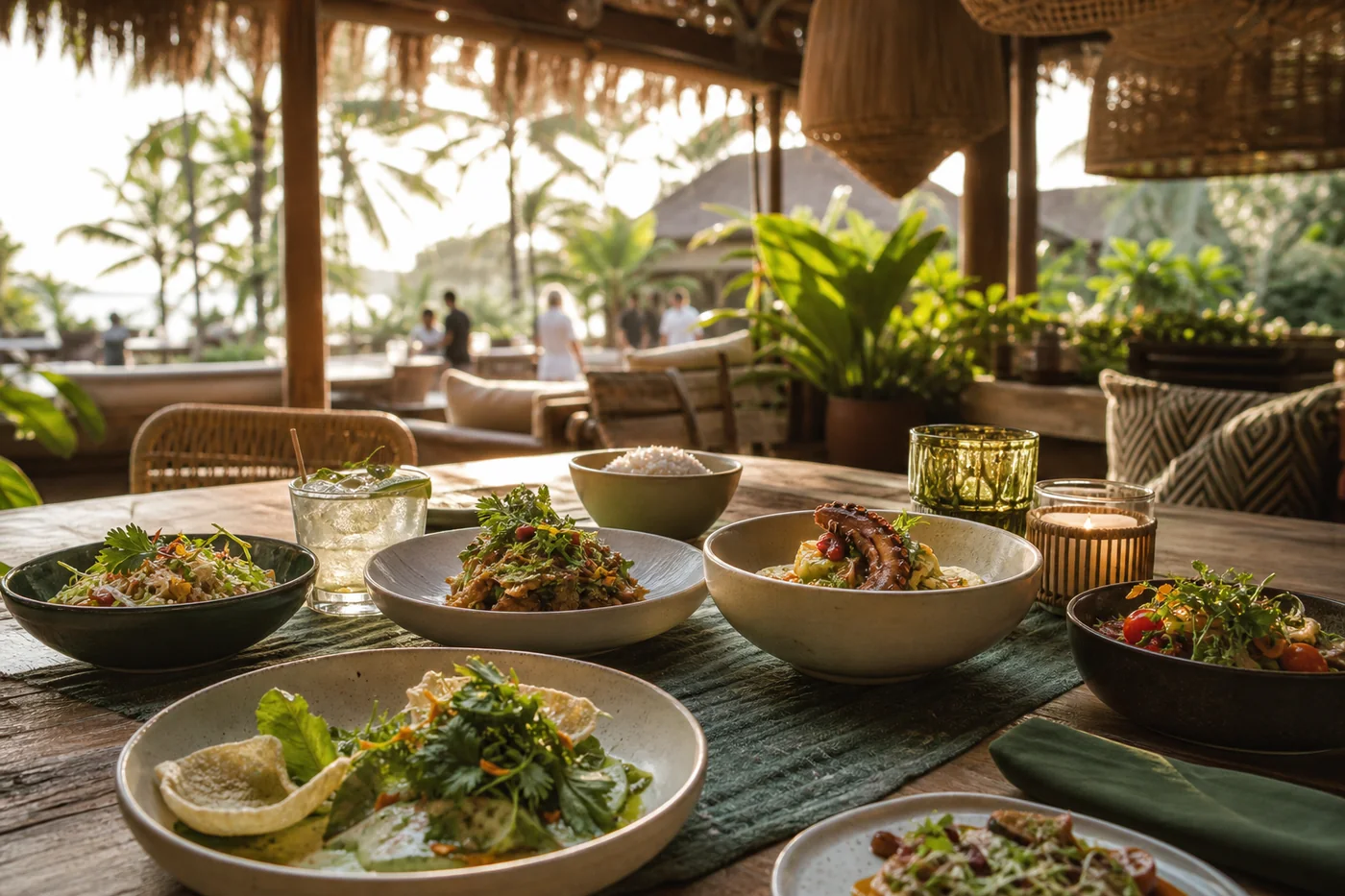 Shared dishes at an open-air tropical restaurant in Bali