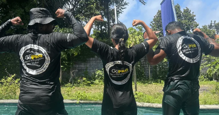 Crystal Divers Bali instructor-development candidates beside a training pool