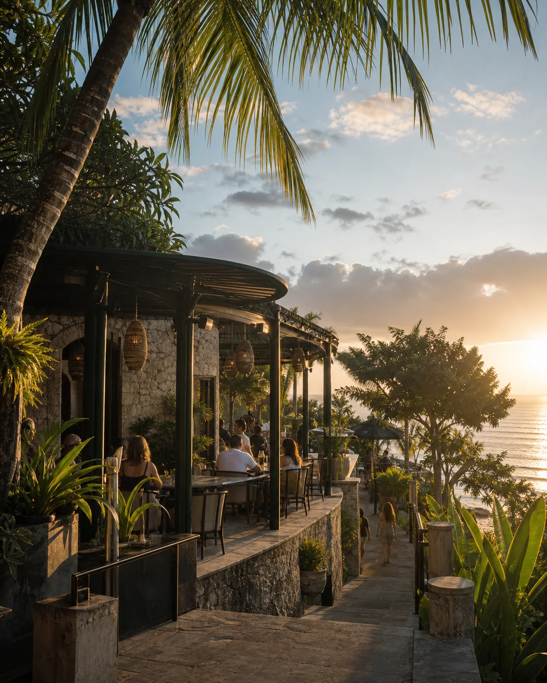A sunset restaurant terrace overlooking the Bali coast