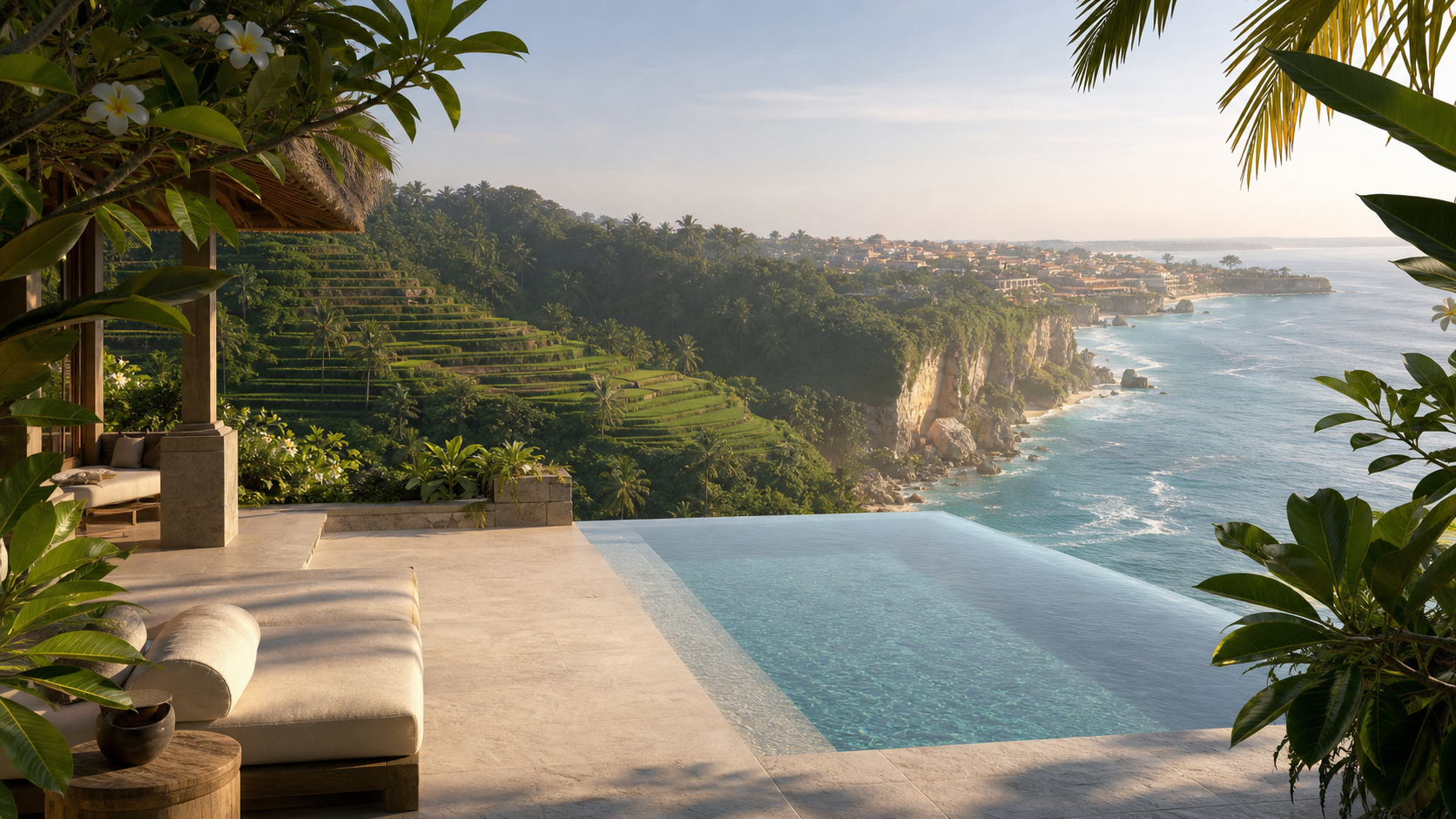 Illustrative Bali villa terrace overlooking rice terraces and a cliff-lined coast